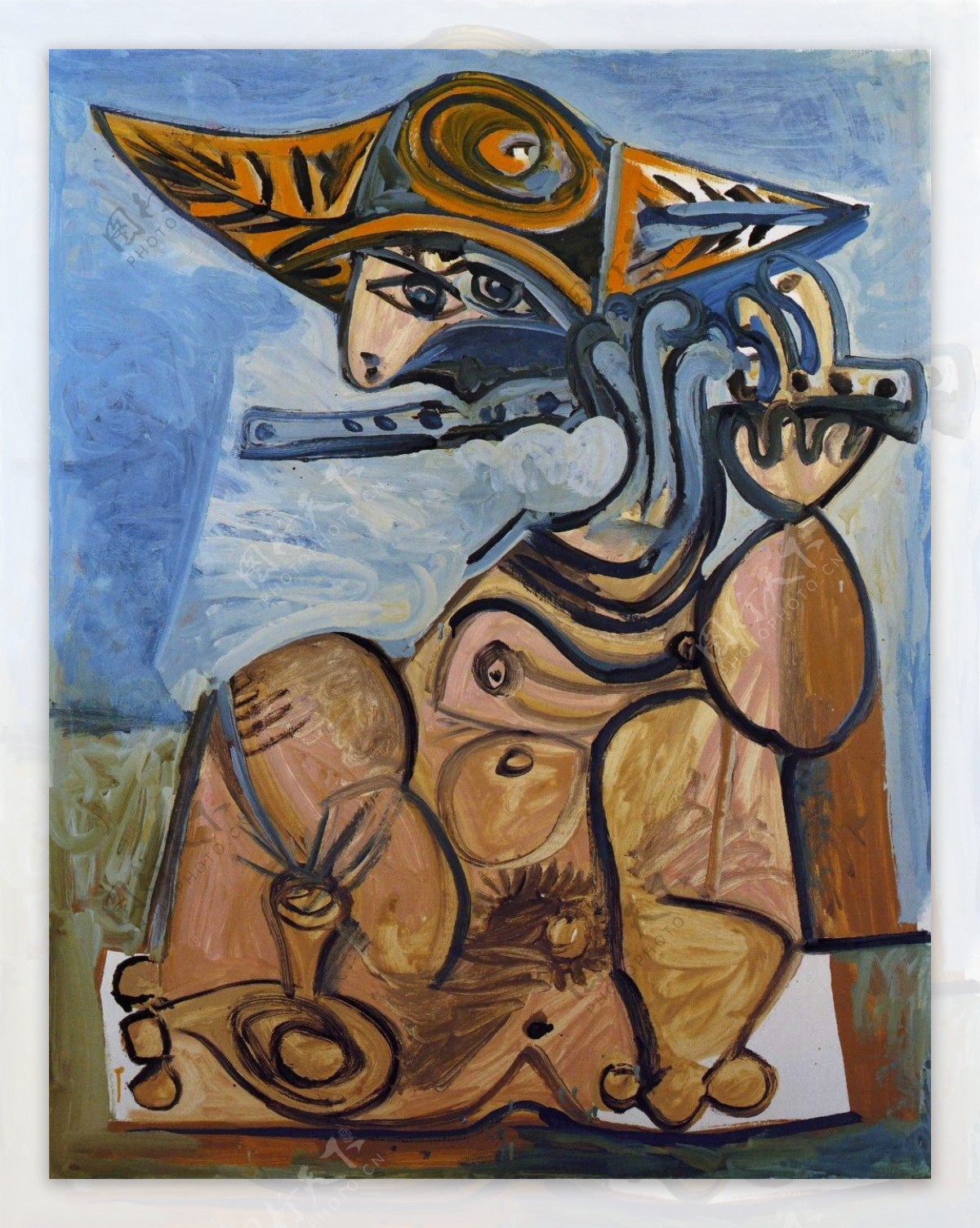 1971Lafl鏉steHommeassisjouantdelafl鏉西班牙画家巴勃罗毕加索抽象油画人物人体油画装饰画