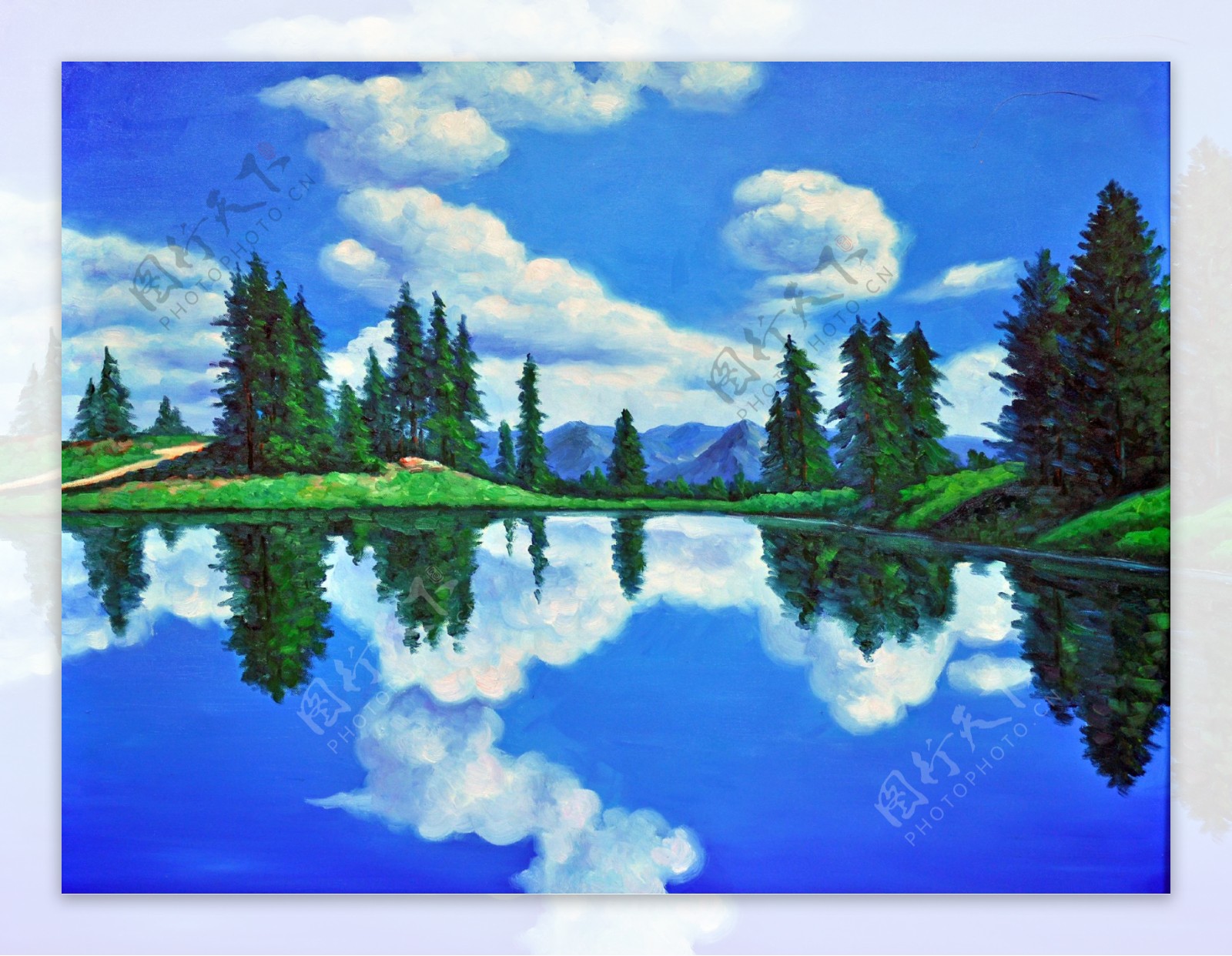 后现代湖水倒影风景油画