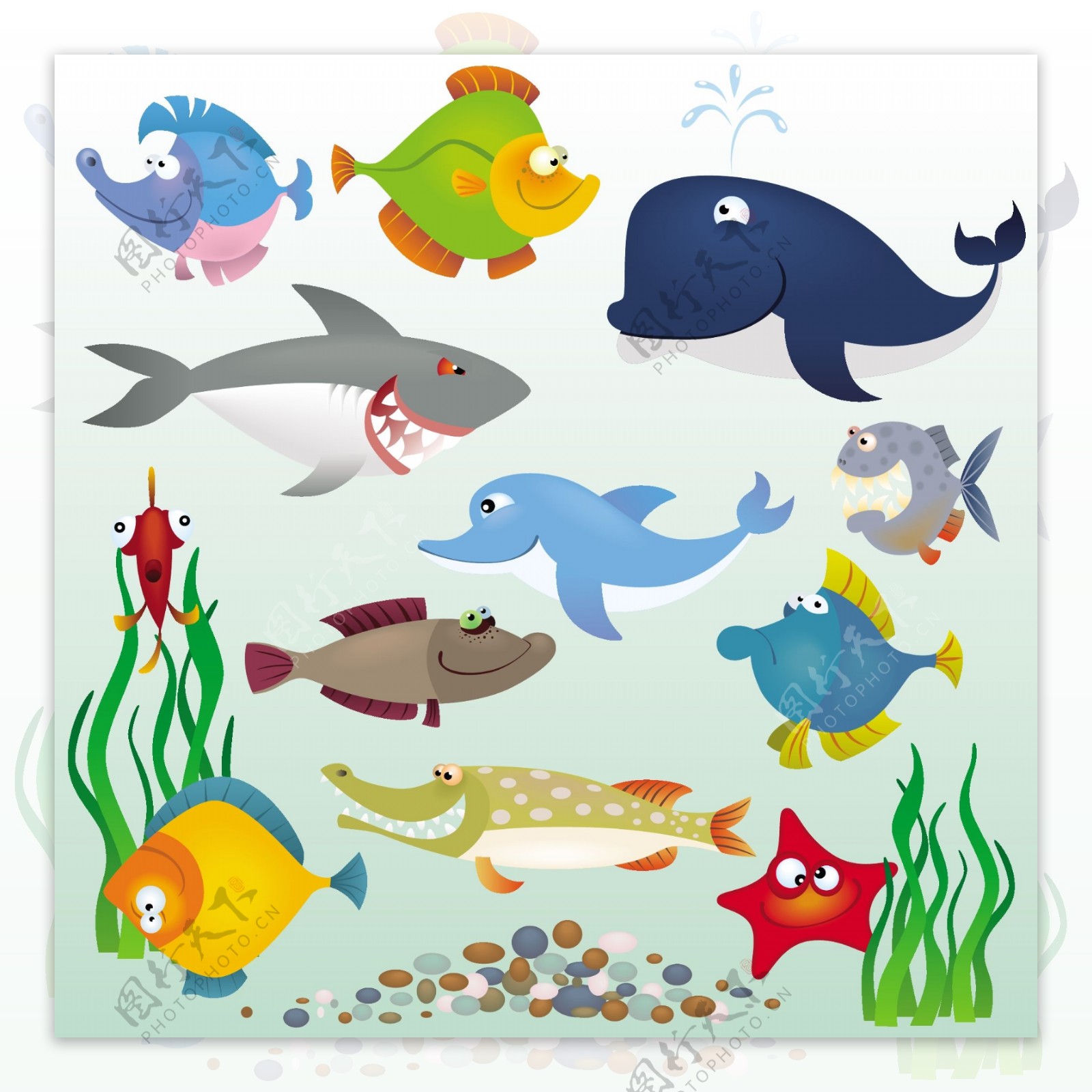 卡通海洋鱼类陆地动物矢量素材