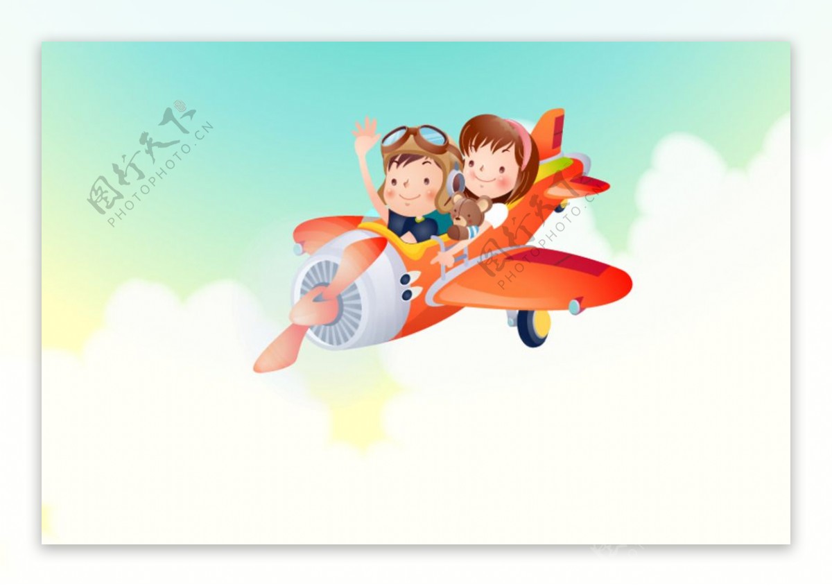 韩国卡通儿童人物飞机云端矢量图图片