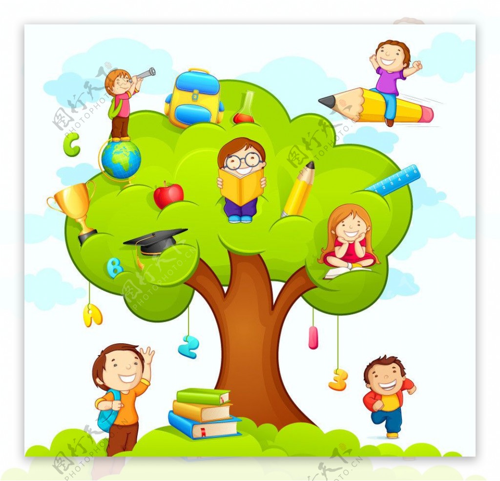 绿树上下的卡通儿童图片