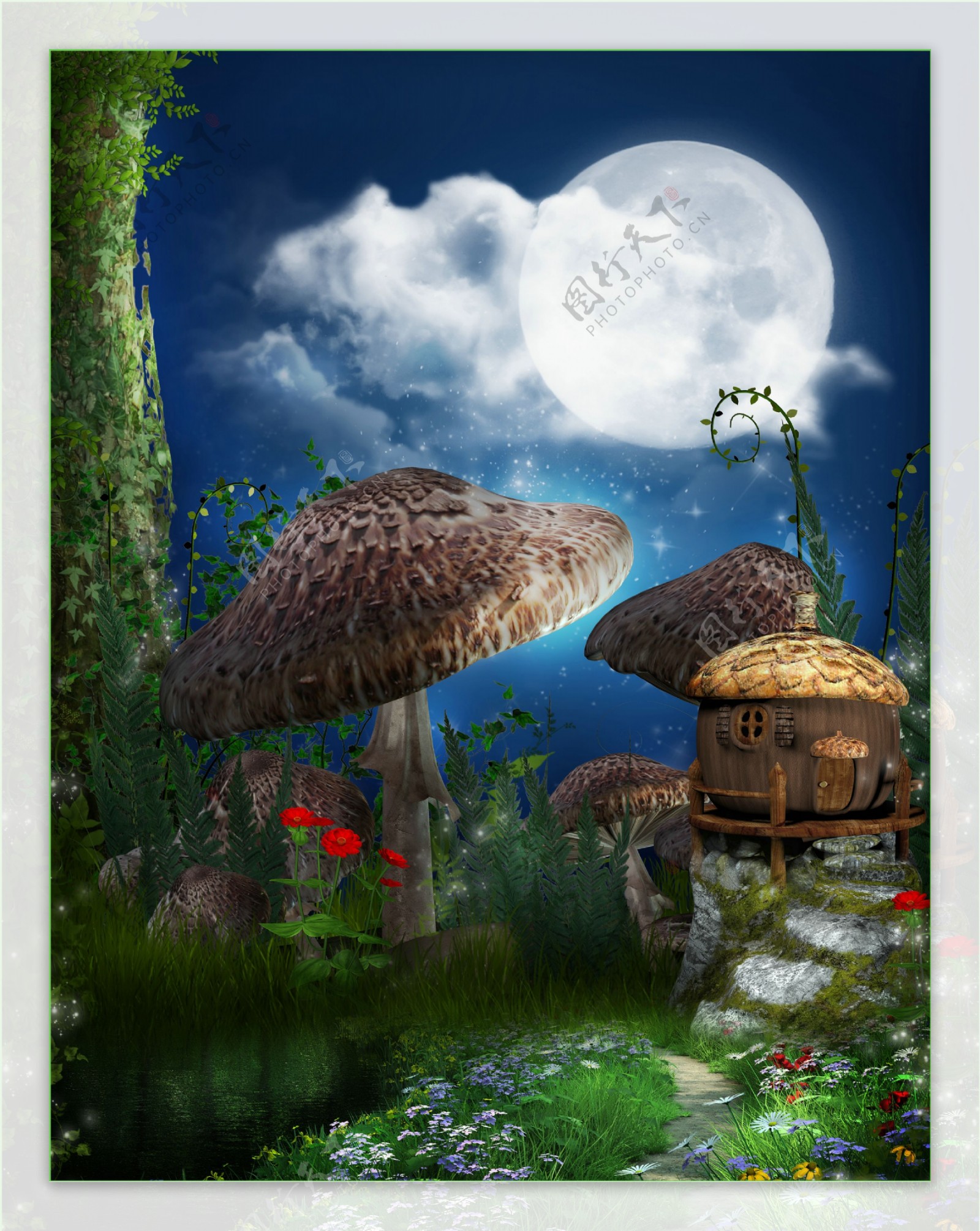 蘑菇树小屋童话背景图片