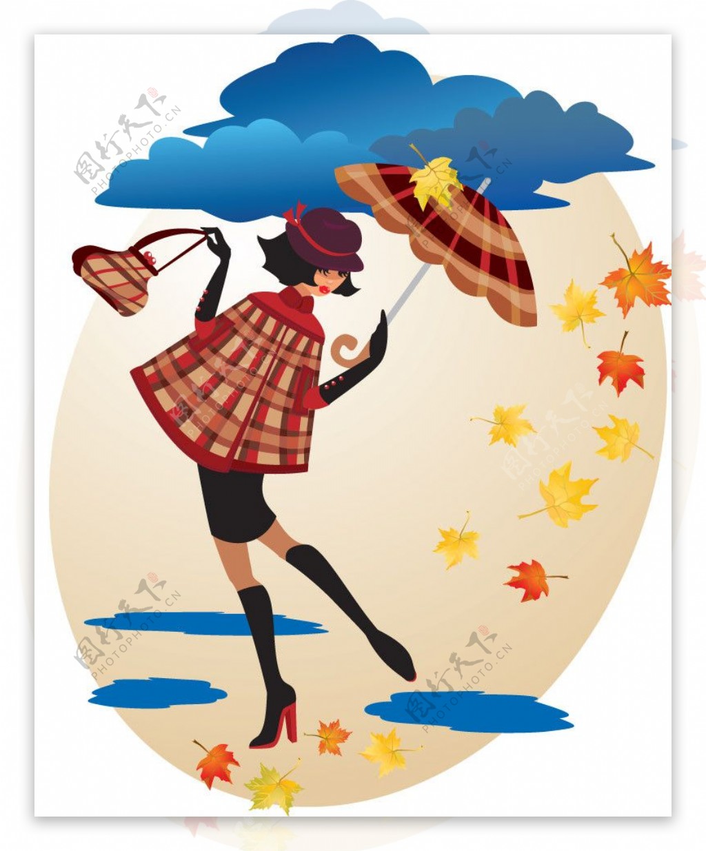 秋天打着雨伞的浪漫女孩图片