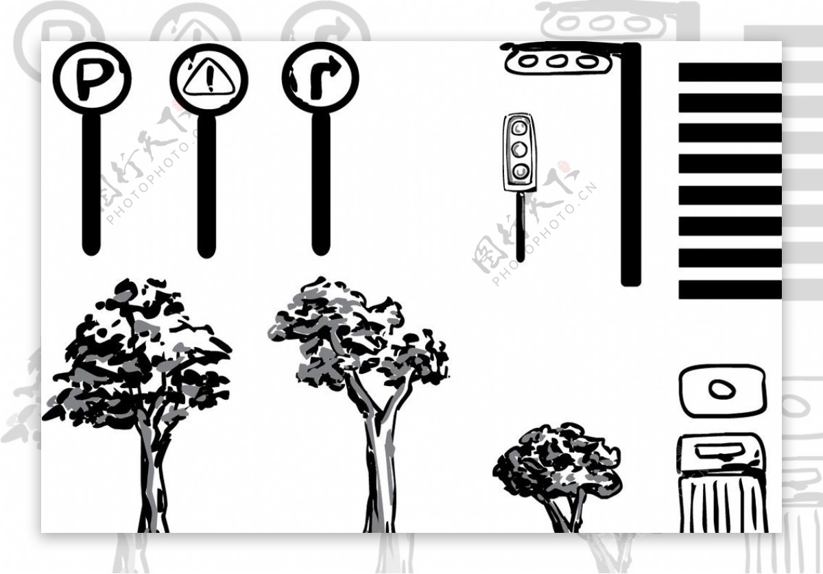 路牌红绿灯树斑马线垃圾桶图片