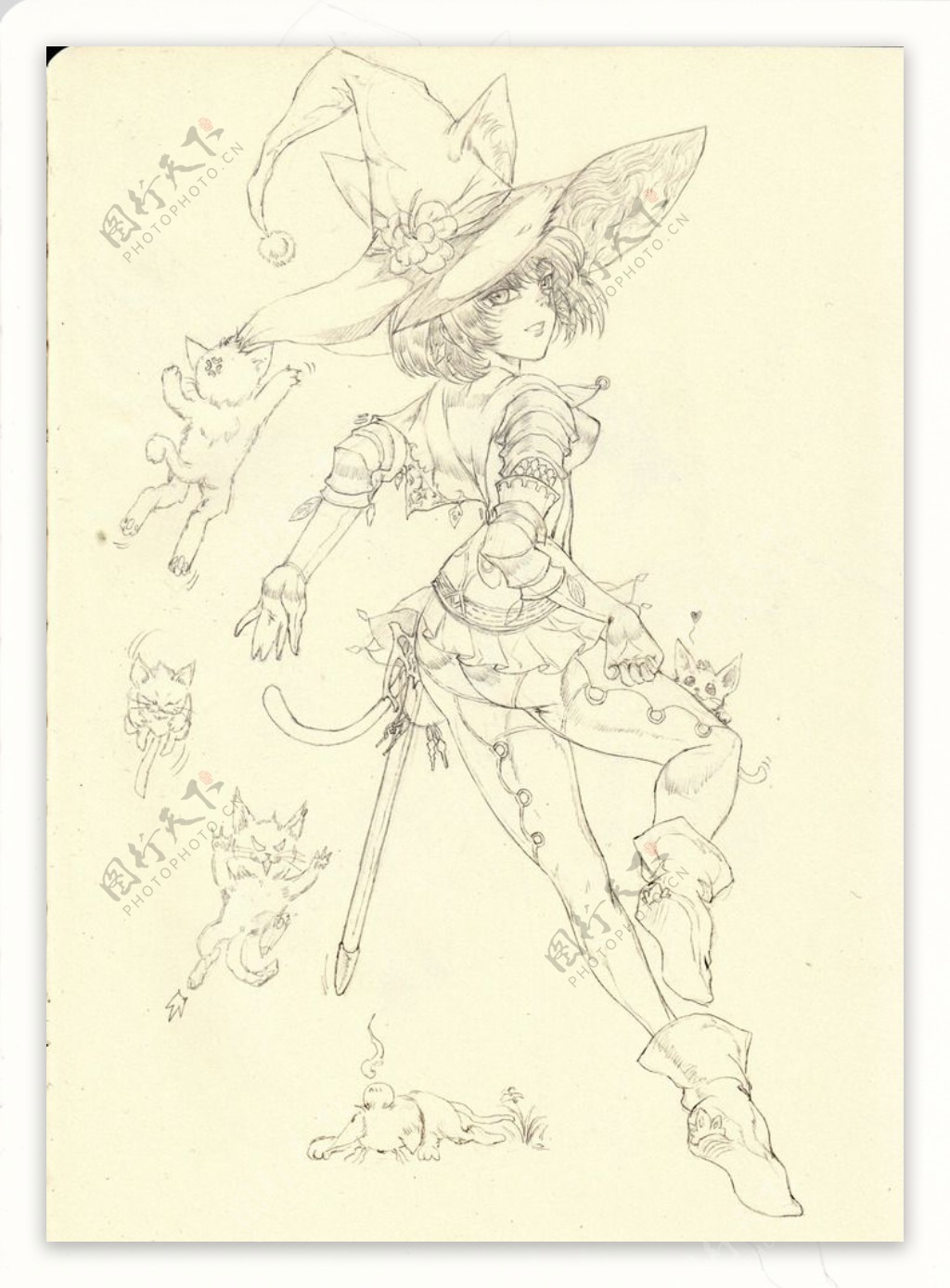 铅笔手绘线稿猫儿剑士图片