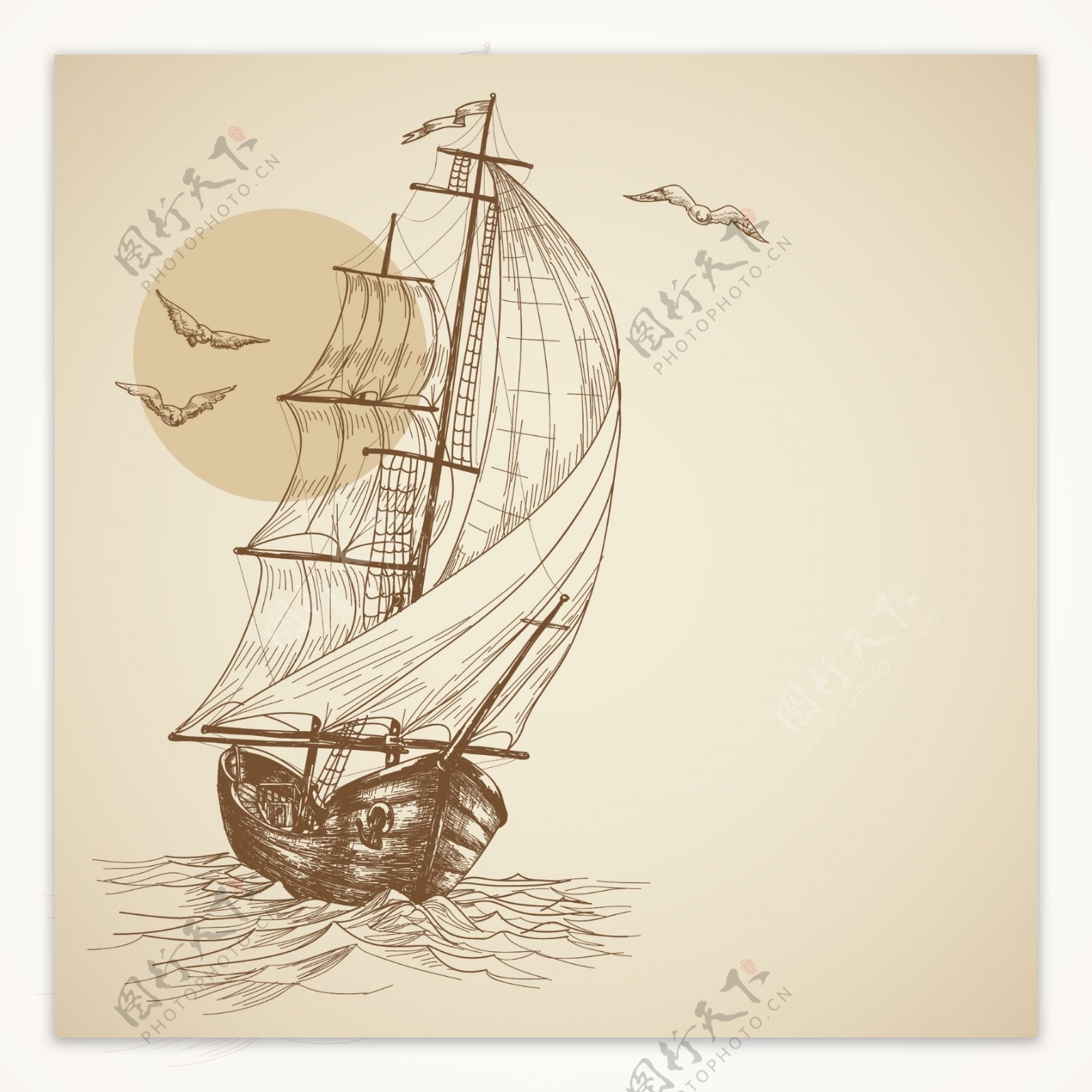 复古手绘素材帆船图片