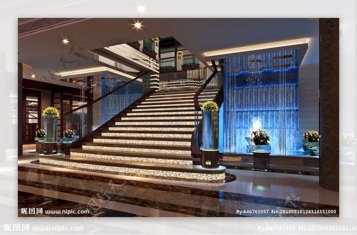 酒店楼梯水景设计图片