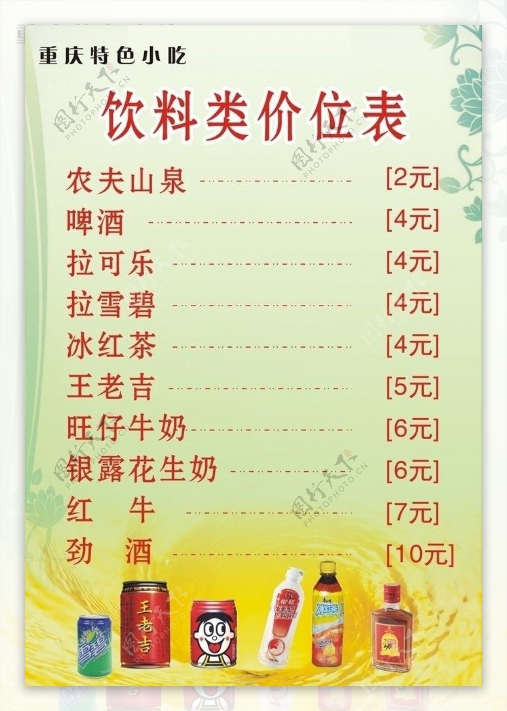 饮料类价位表图片