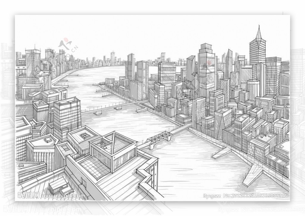 素描沿海城市建筑群图片