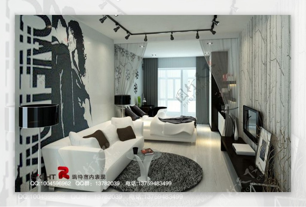 现代黑白客厅卧室3dsmax2009室内模型vray带全部贴图图片