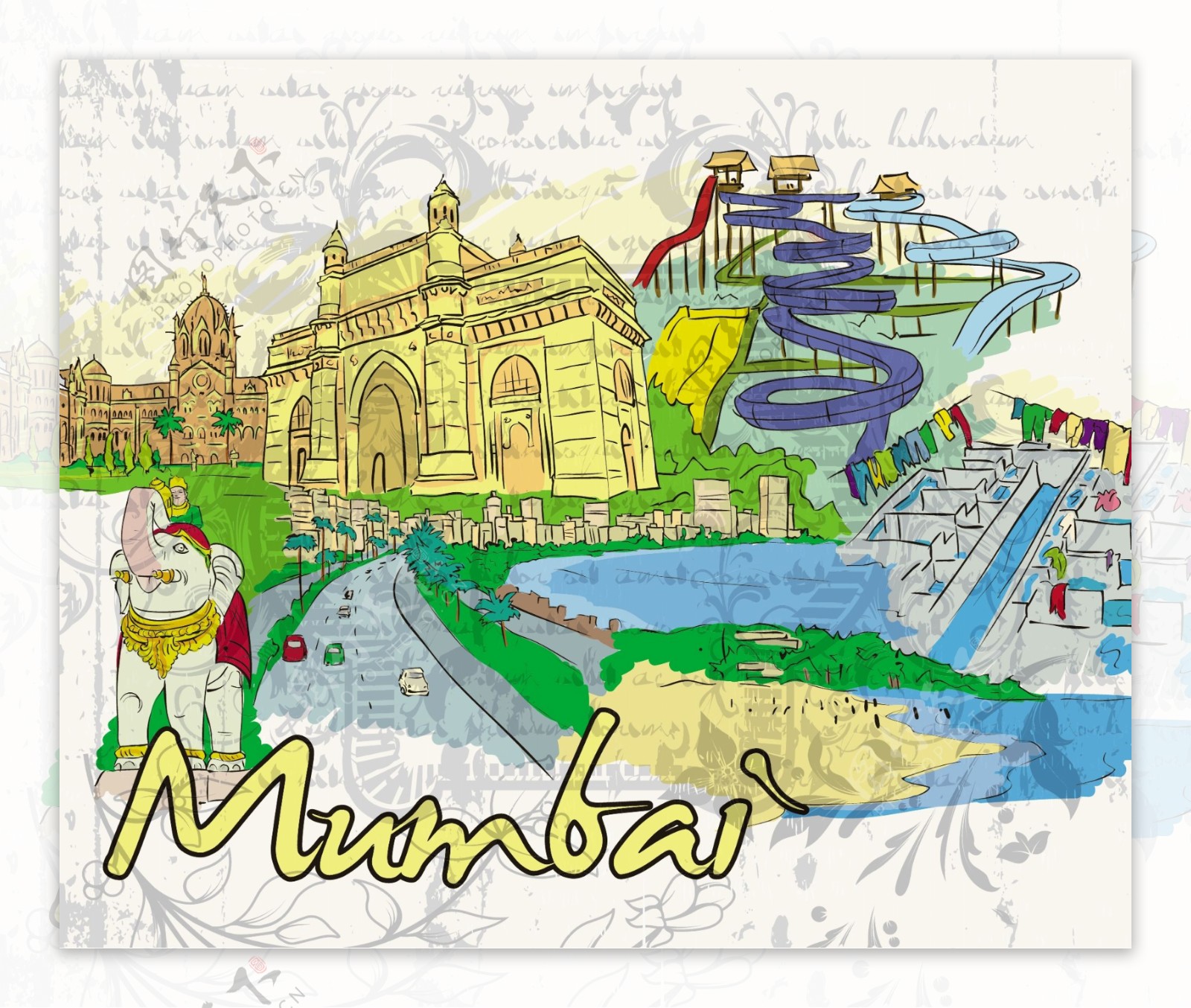 手绘印度孟买旅游城市建筑风光图片