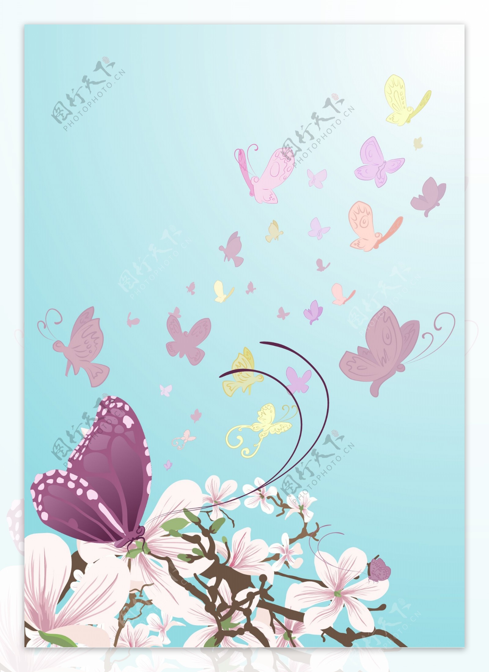 紫色蝴蝶与花朵矢量素材图片