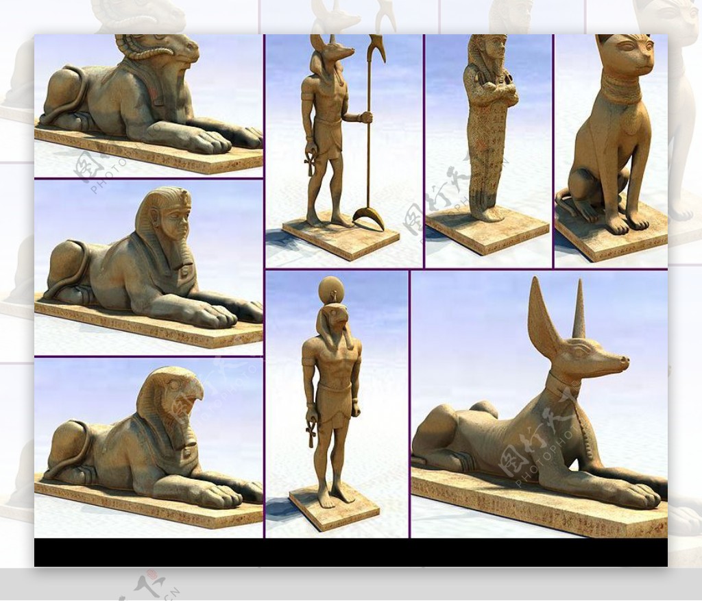 8个古埃及雕塑模型贴图全图片