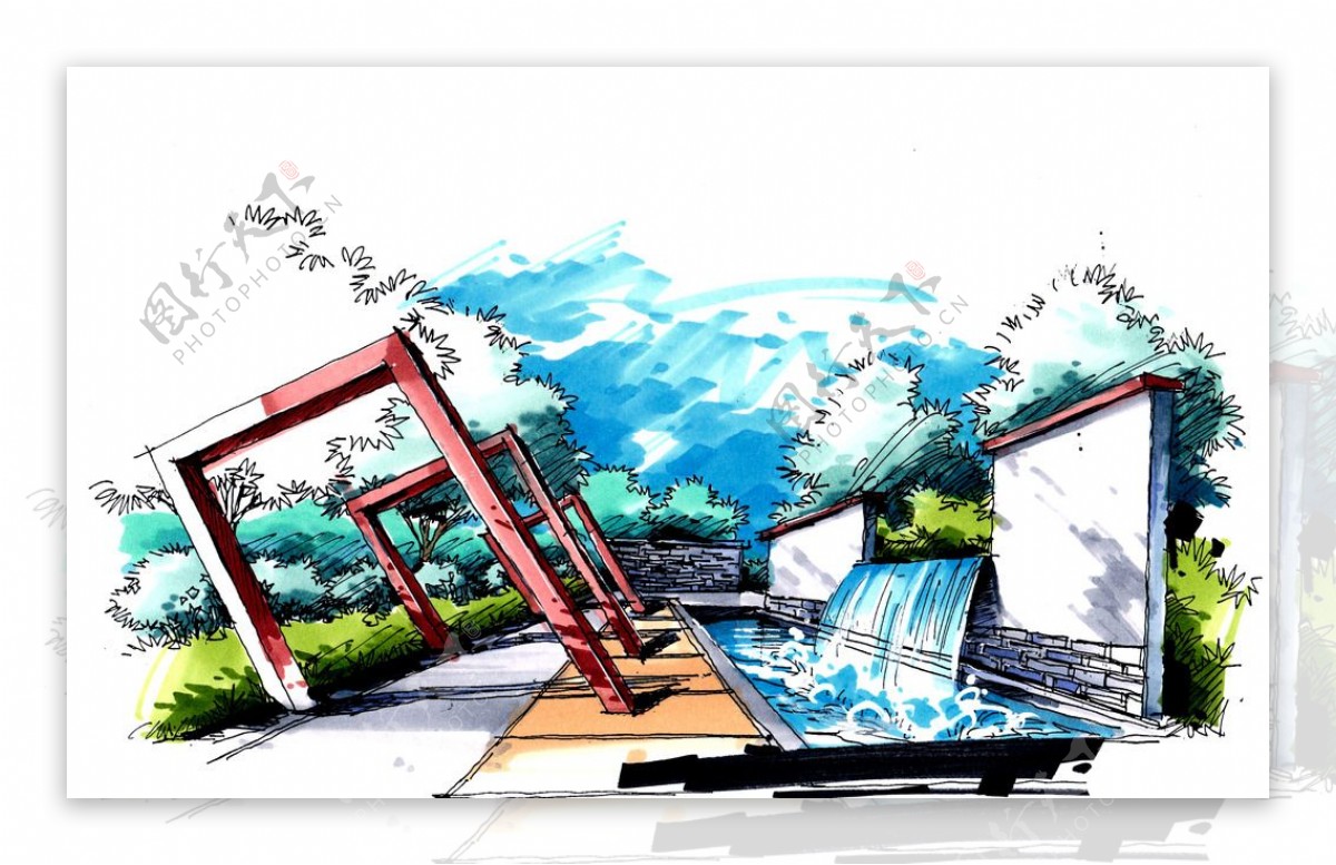 跌水景墙景观手绘效果图图片