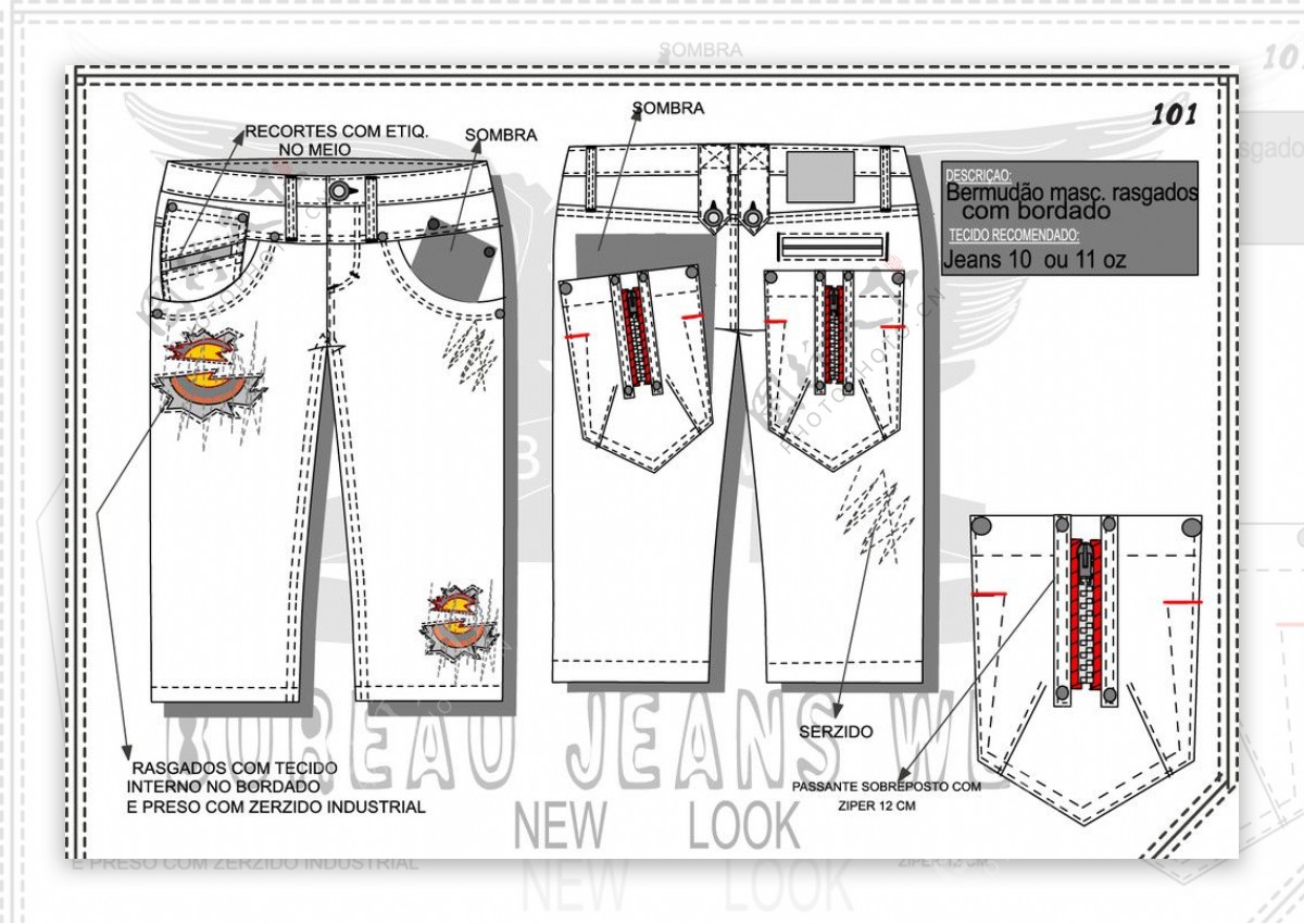牛仔短裤设计手稿贴布压线图片