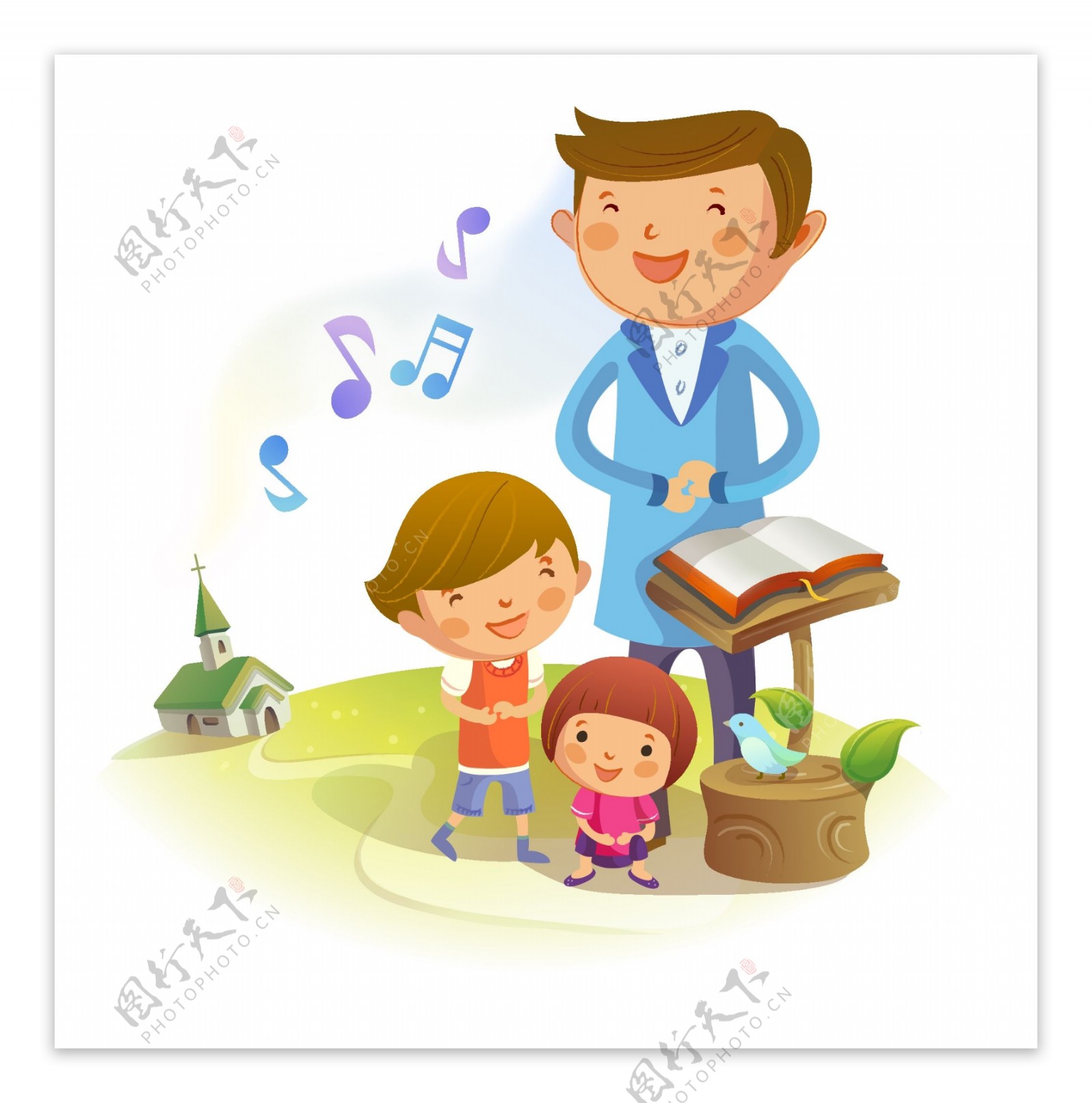 卡通爸爸和孩子们上音乐课图片