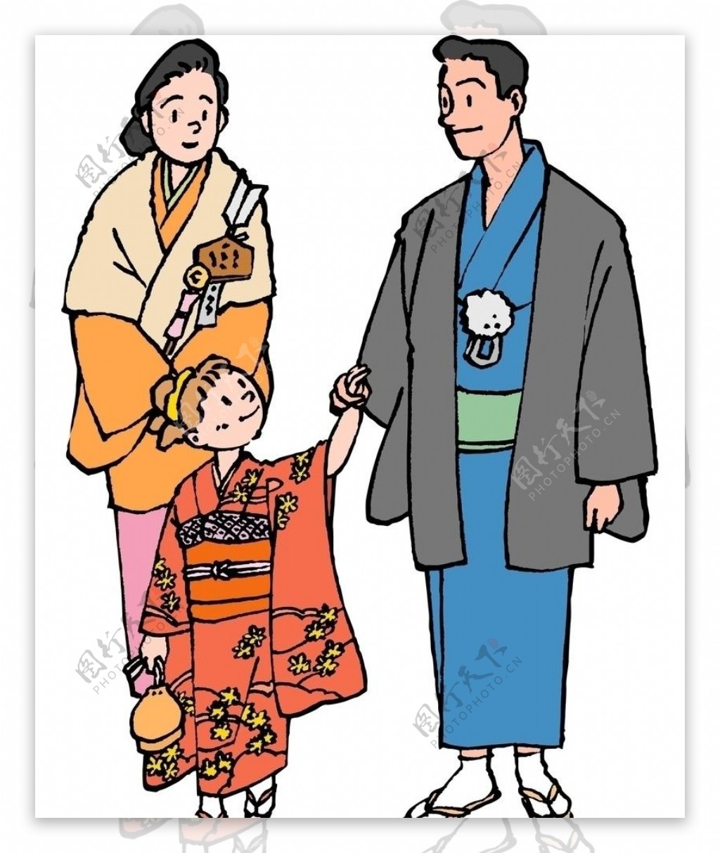 快乐家庭日本和服三口之家男人女人小孩图片