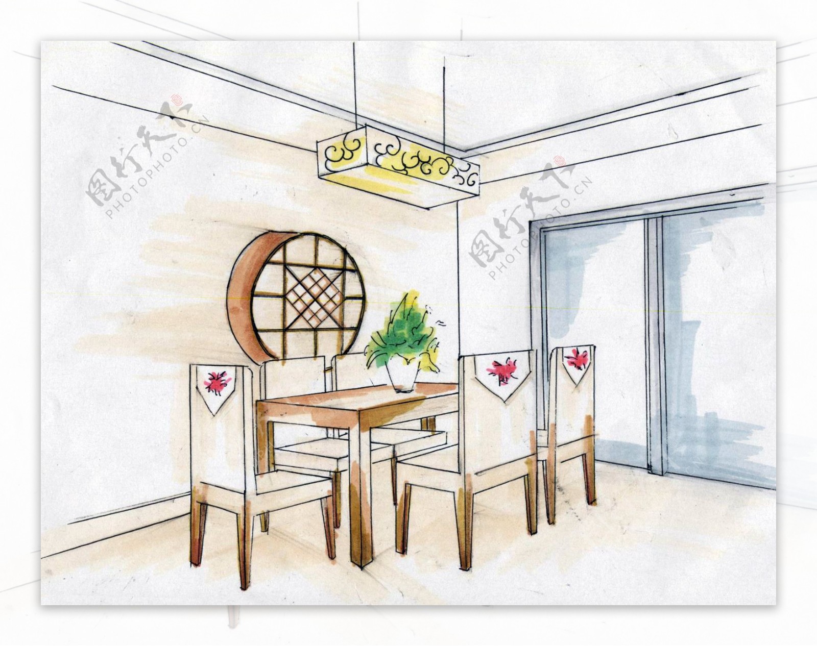 原速示范04|新中式风格工装餐厅线稿+上色过程展示【马克笔手绘】_哔哩哔哩_bilibili