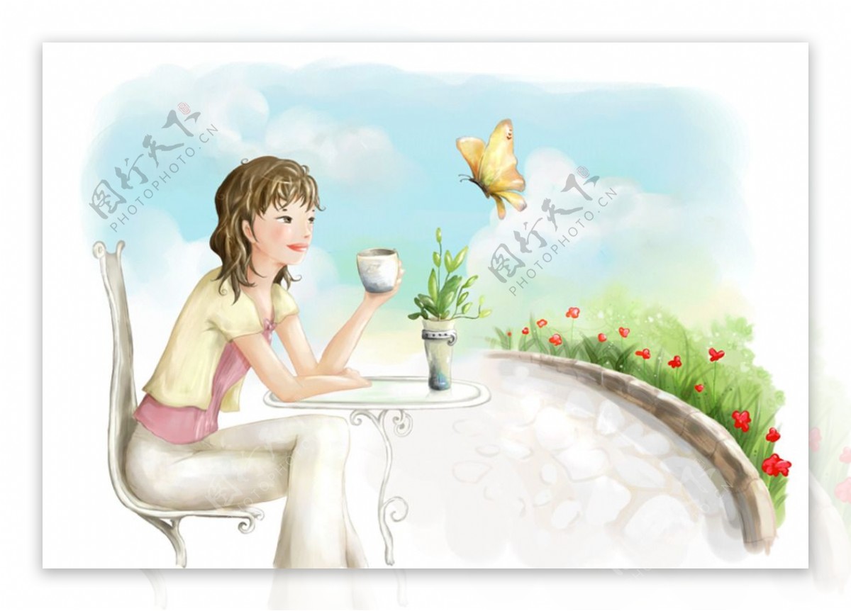 手绘水彩喝咖啡的女孩插画图片