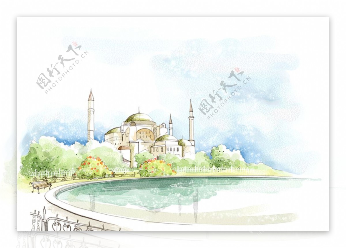 手绘水彩欧式城堡风景插画图片