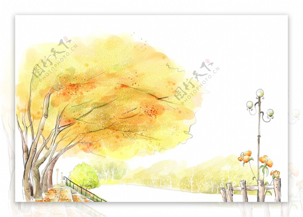手绘水彩公园风景插画图片