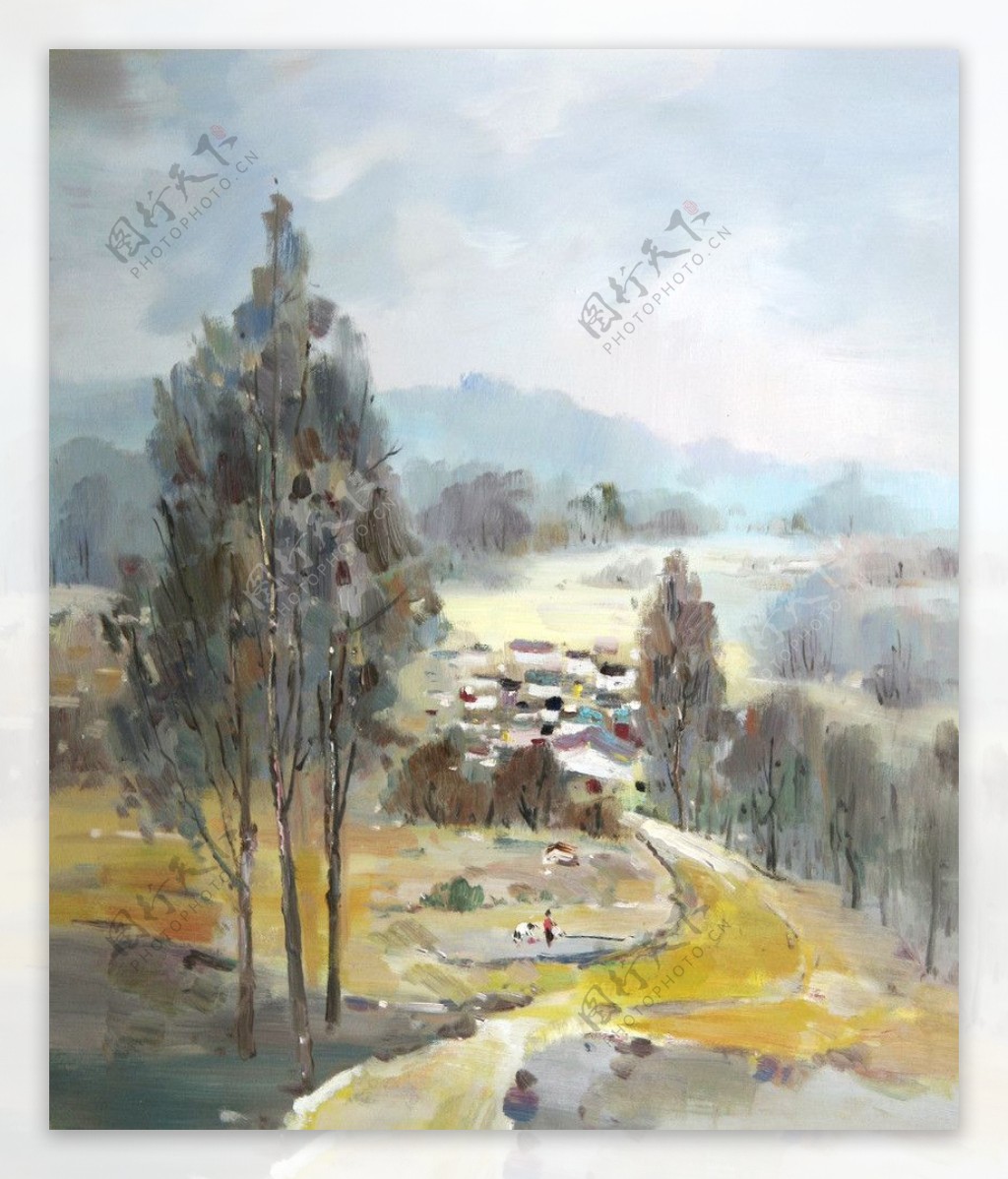 乡村景色油画图片