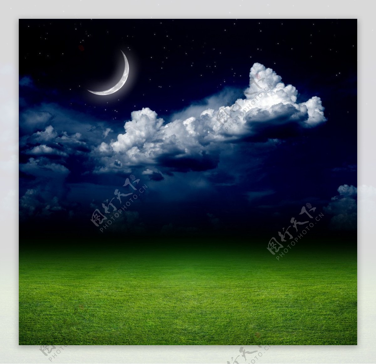 青青草地与夜空中月亮图片