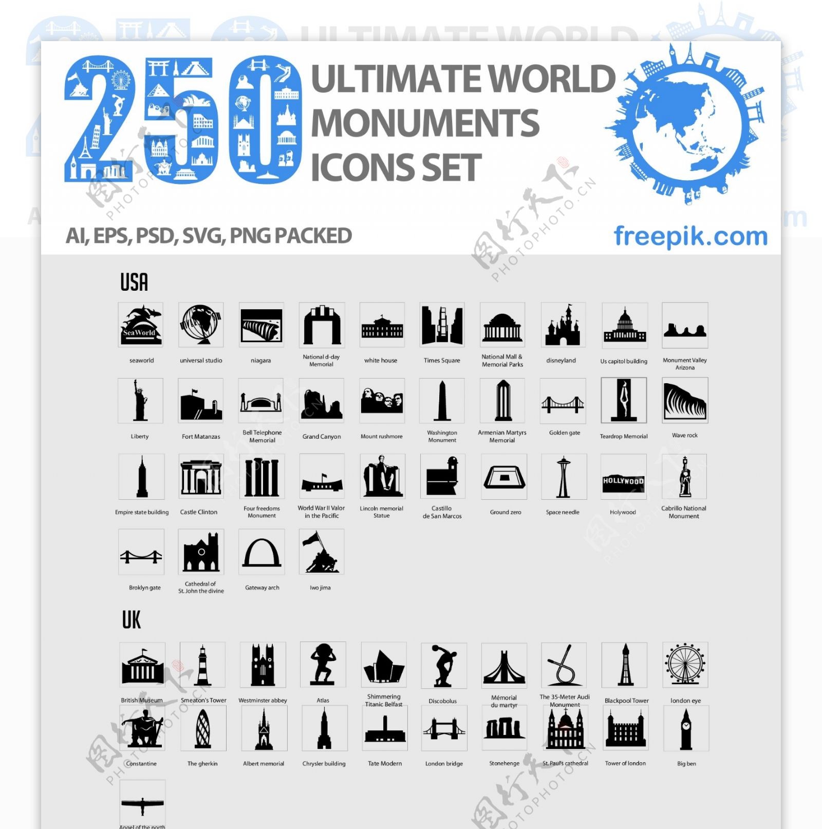 250个世界地标图标图片