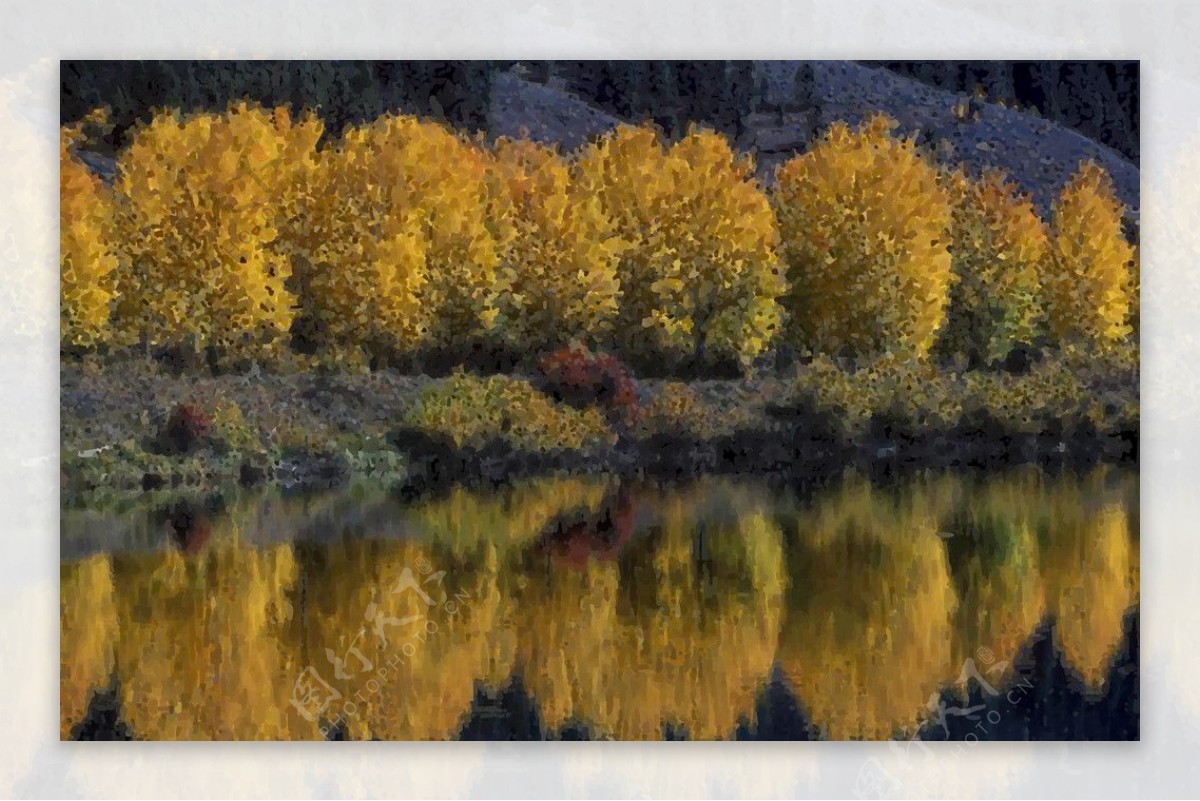 秋天池塘边的树木油画图片