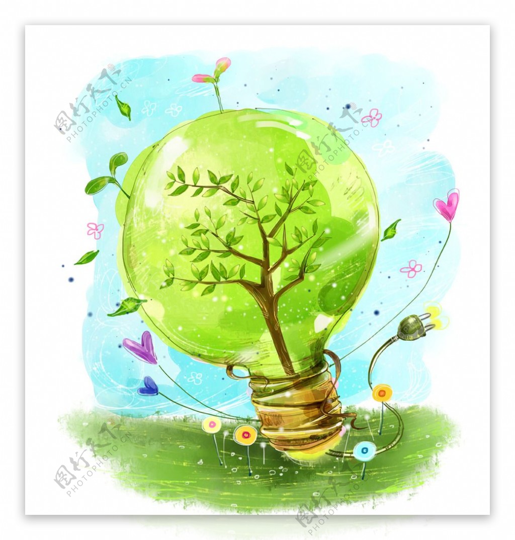 手绘卡通绿色灯泡节能环保素材图片