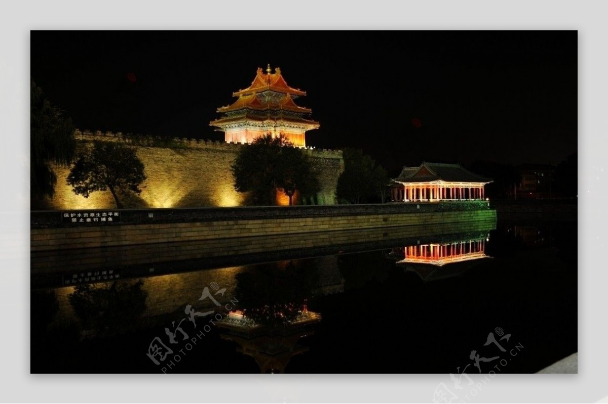 高清晰北京故宫八角楼护城河夜景图片