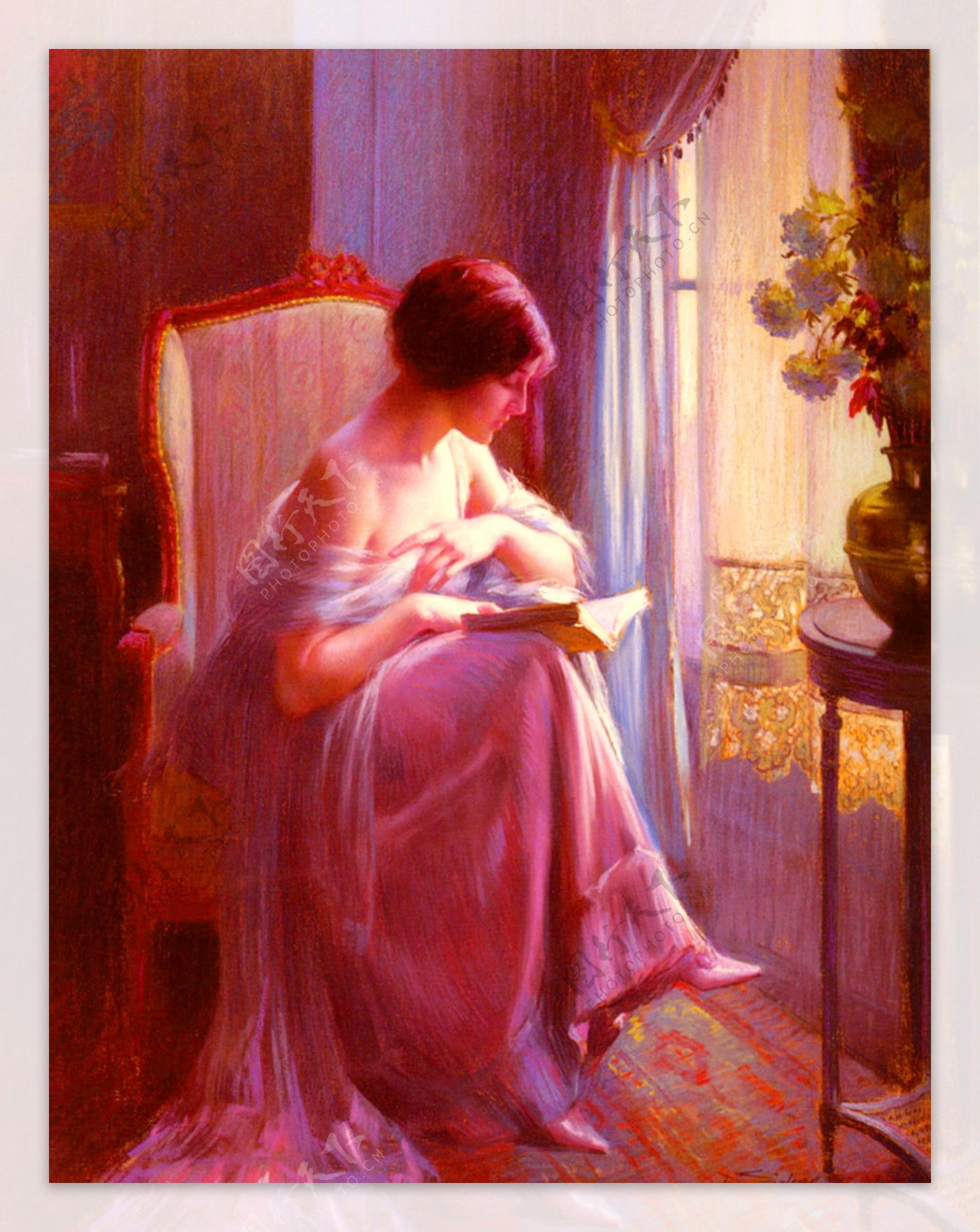 油画在窗口读书的年轻美丽女子图片