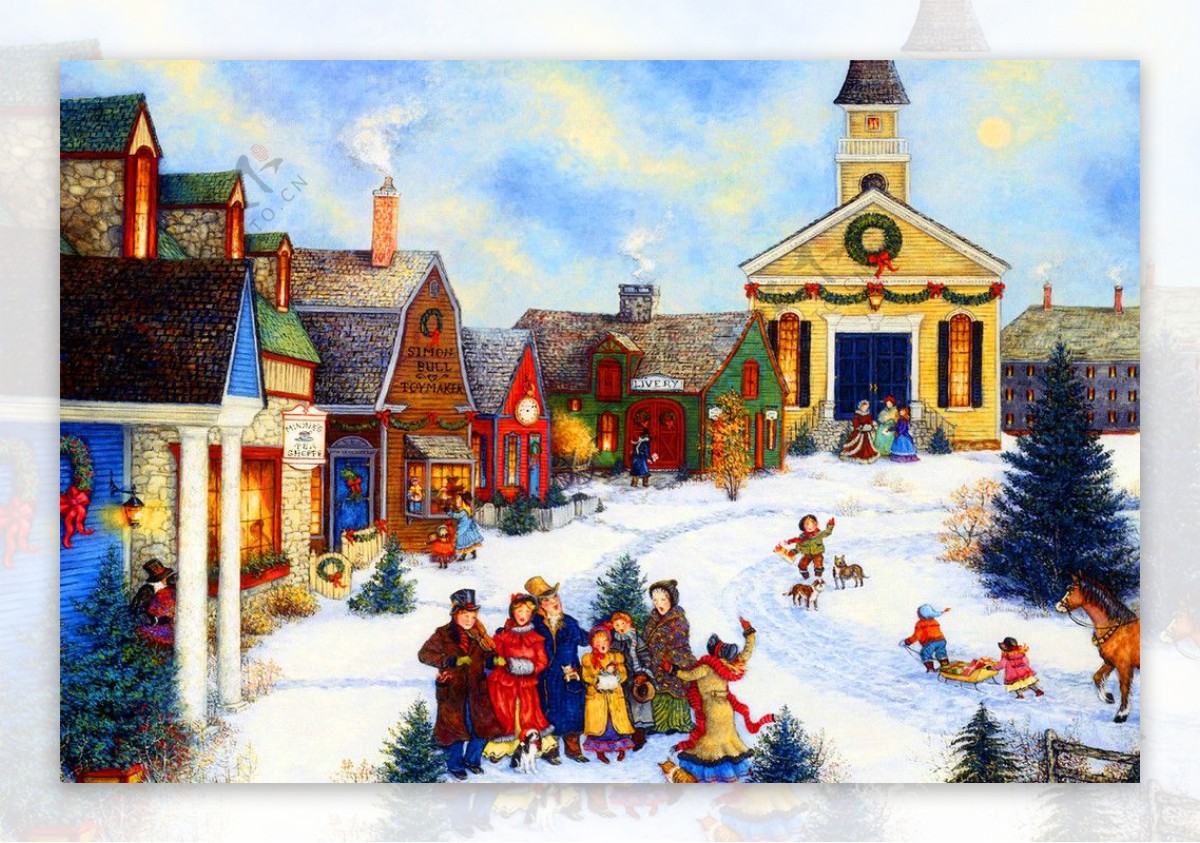 油画小镇圣诞夜图片