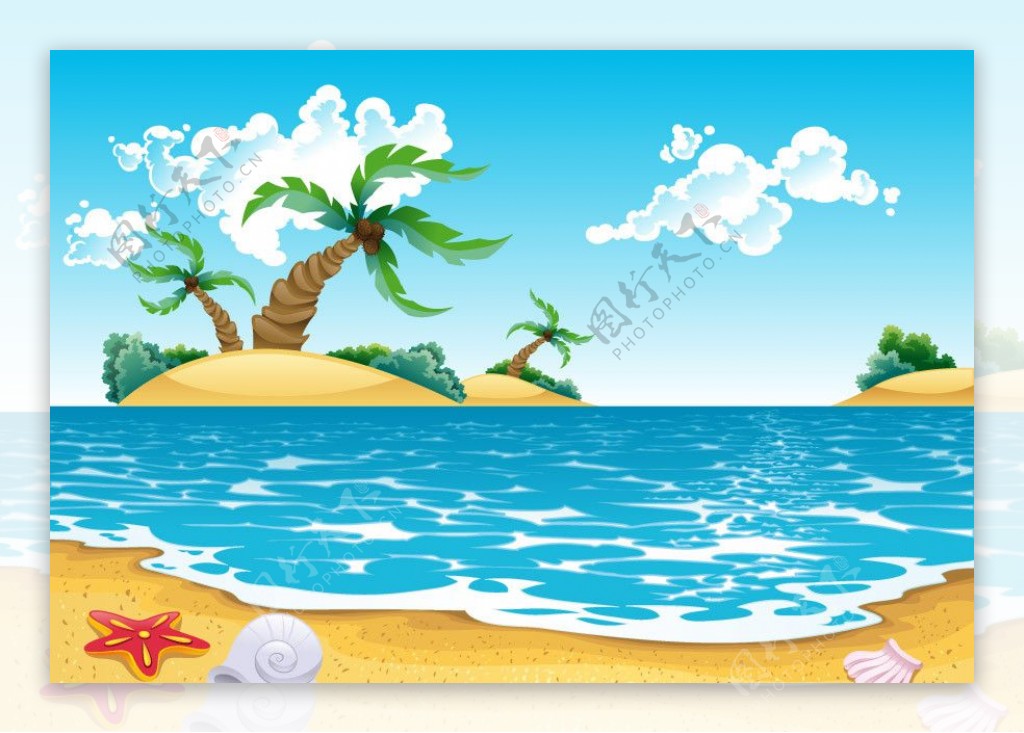 蓝天白云夏日沙滩风景图片