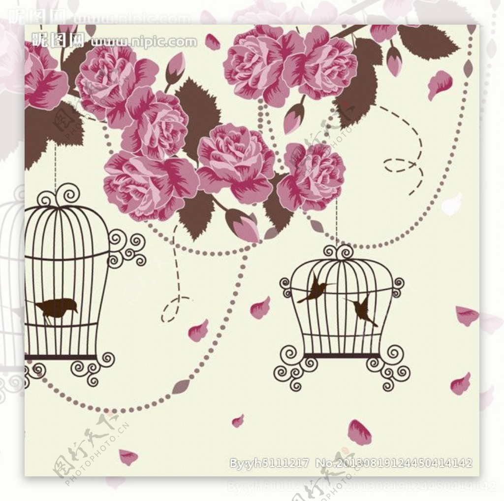 浪漫玫瑰花鸟装饰设计图片