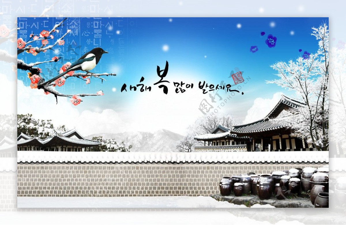 韩国冬日庭院雪色风景图片