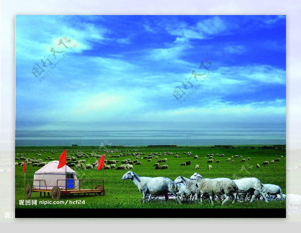 草原蒙古包羊群图片