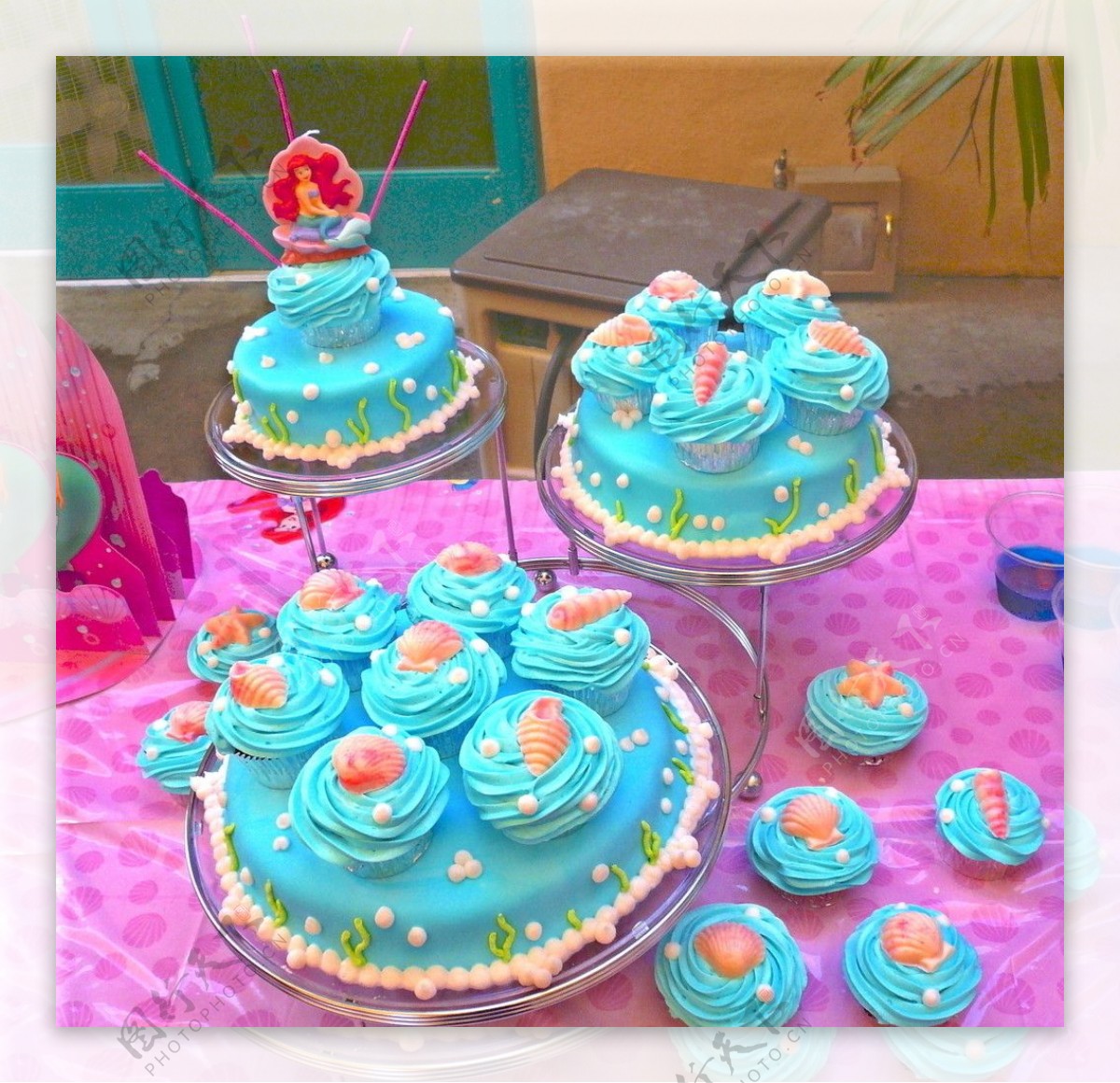 美人鱼蛋糕生日蛋糕贝壳神话传说奶油忌廉麦芬玛芬蓝色蛋糕架图片