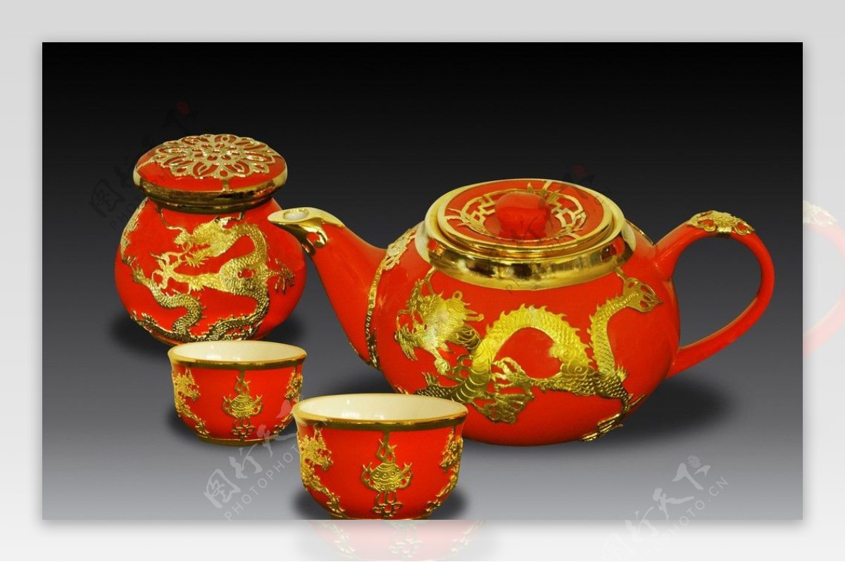 红釉金龙茶具图片