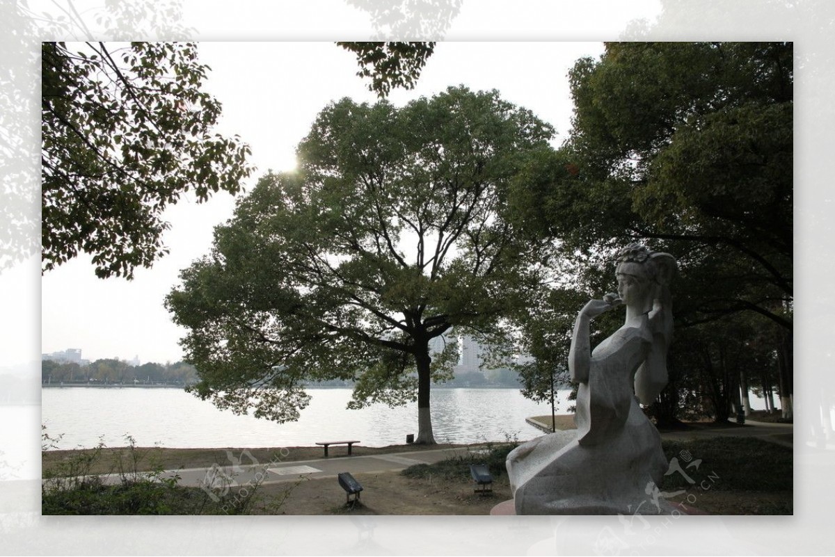 自拍的高清公园风景湖边大树和莫愁女雕塑图片