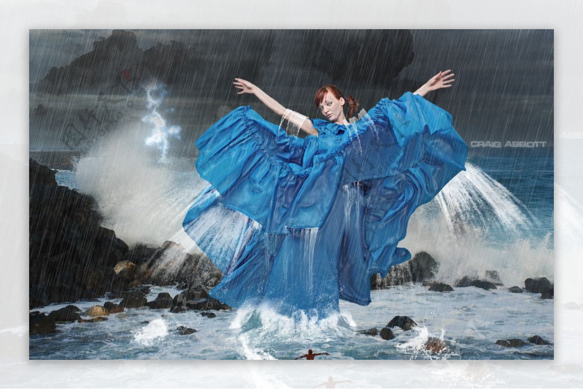 宏伟大气雨中蓝色美女水中飞溅作品素材图片