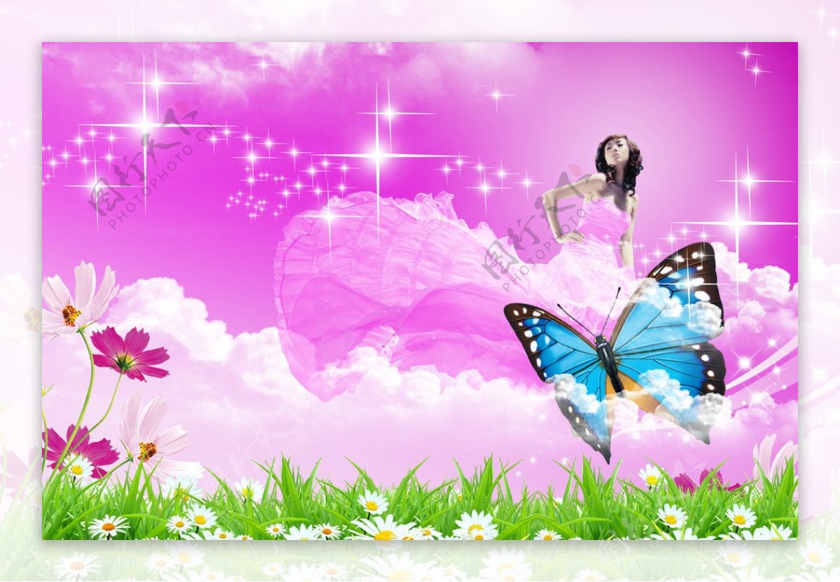 蝴蝶美女星星星光梦幻背景水晶花粉红色图片