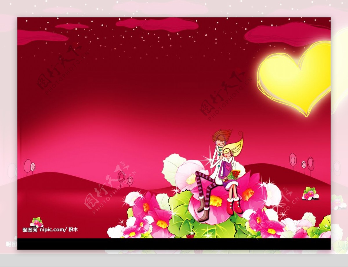 卡通类型坐在花上的情人赏月分层素材图片