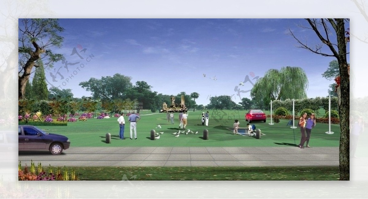 休闲草地广场景观布局广告效果图设计图片