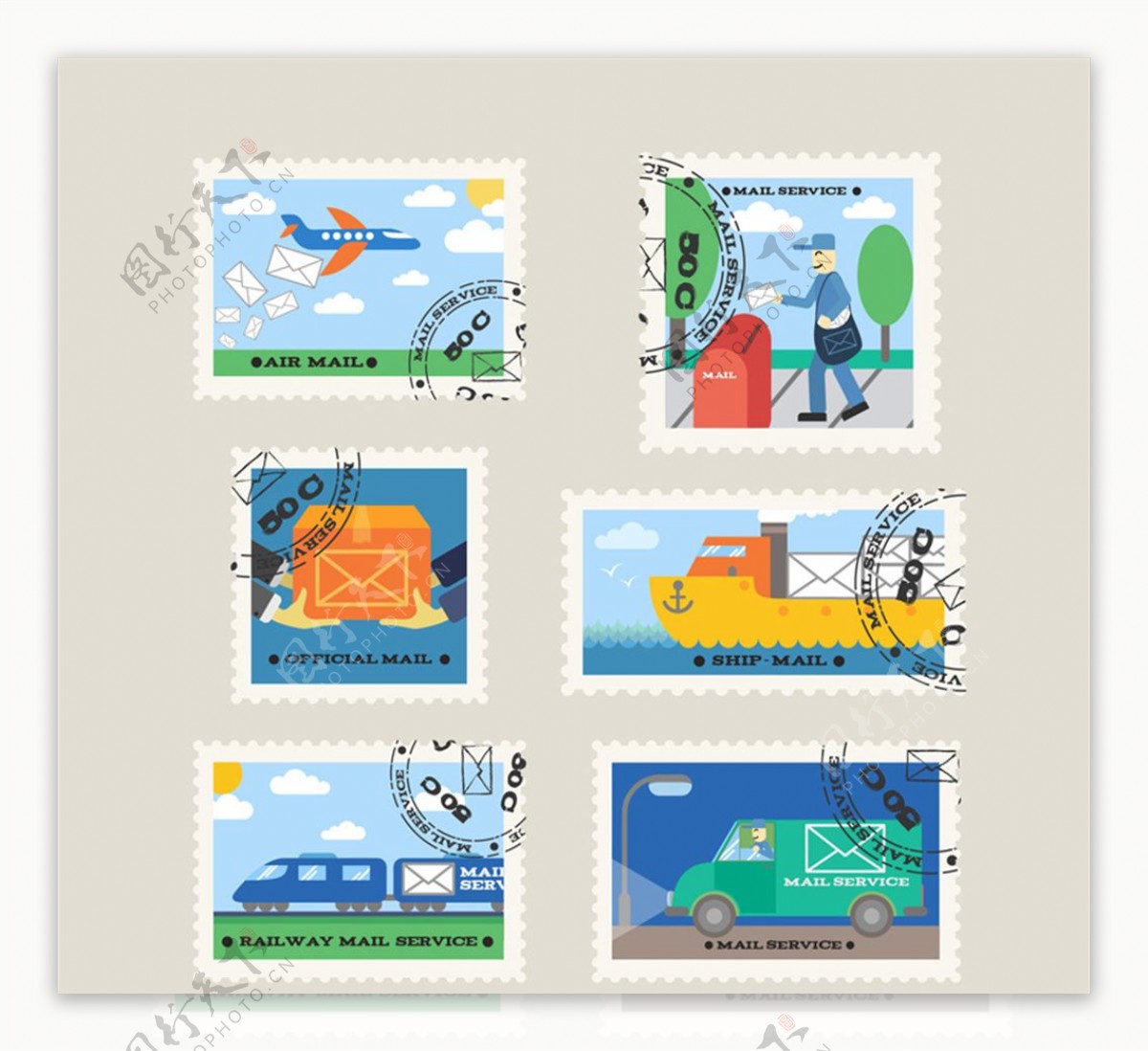 6款创意邮票设计矢量素材
