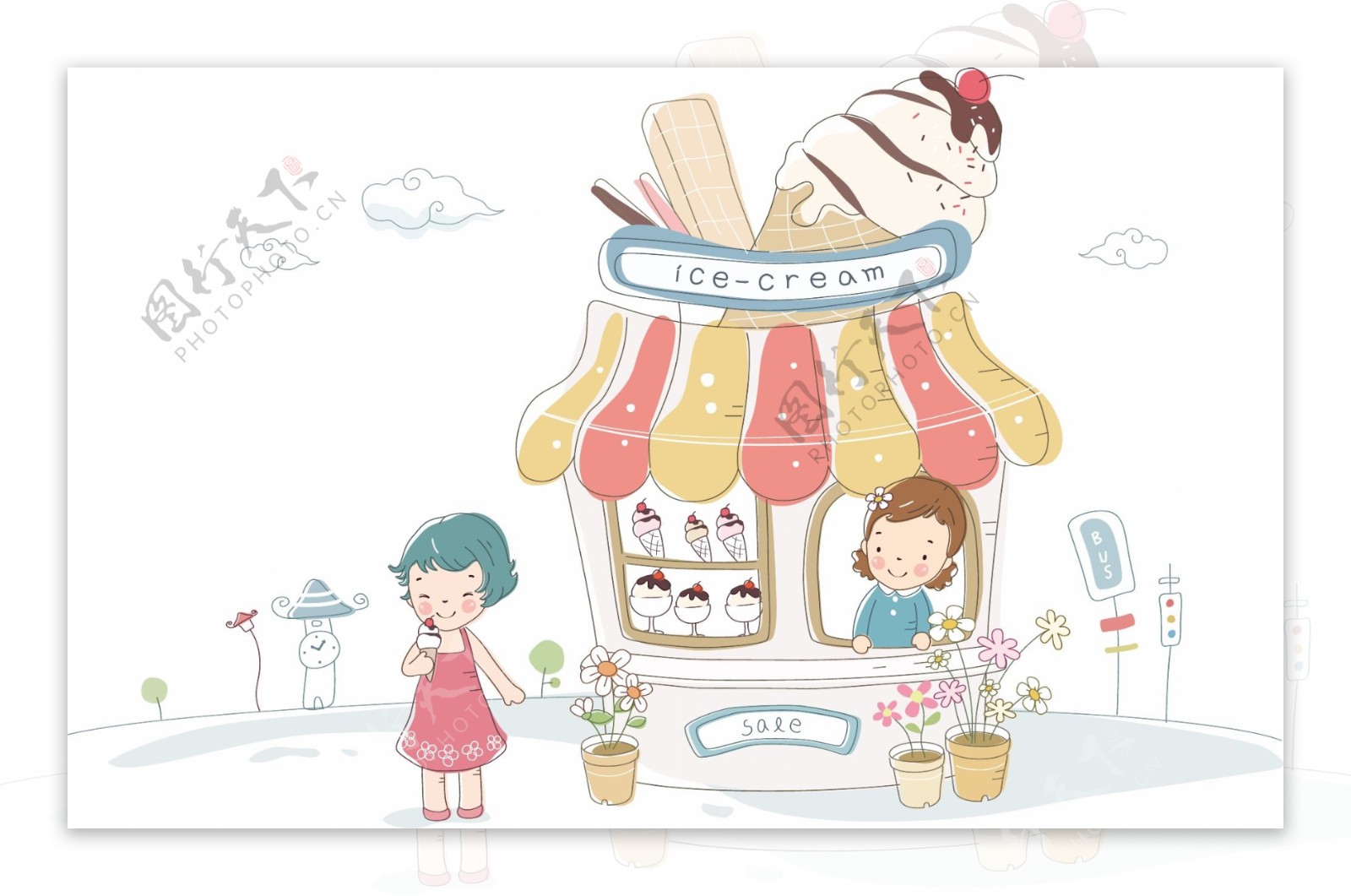 吃冰淇淋的卡通女孩