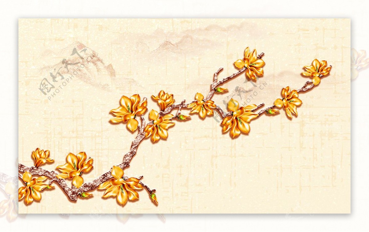新中式手绘玉兰花背景墙
