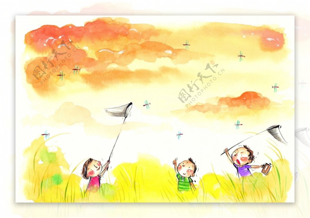 水彩画插画儿童与蝴蝶