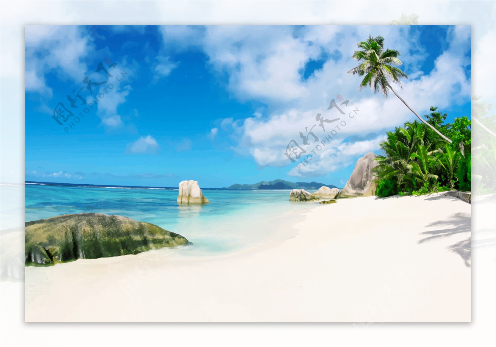 海边沙滩椰树礁石蓝天白云油画