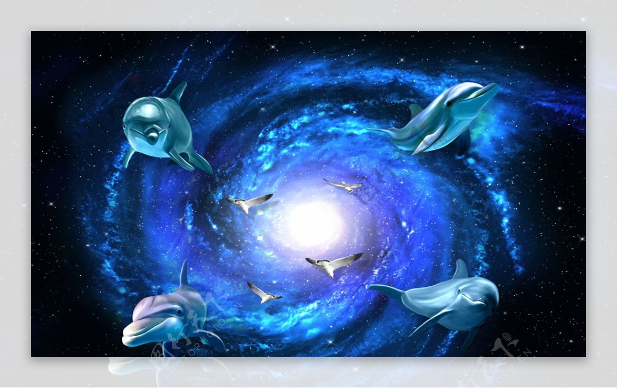 星空漩涡海豚立体背景墙